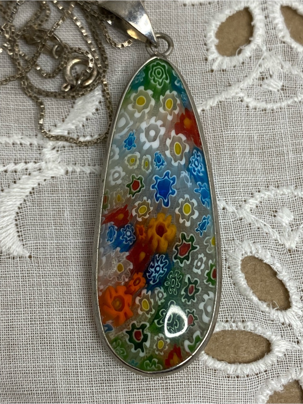 Millefiori Made In Italy Floral Glass Teardrop Pendant Sterling Silver Box Chain